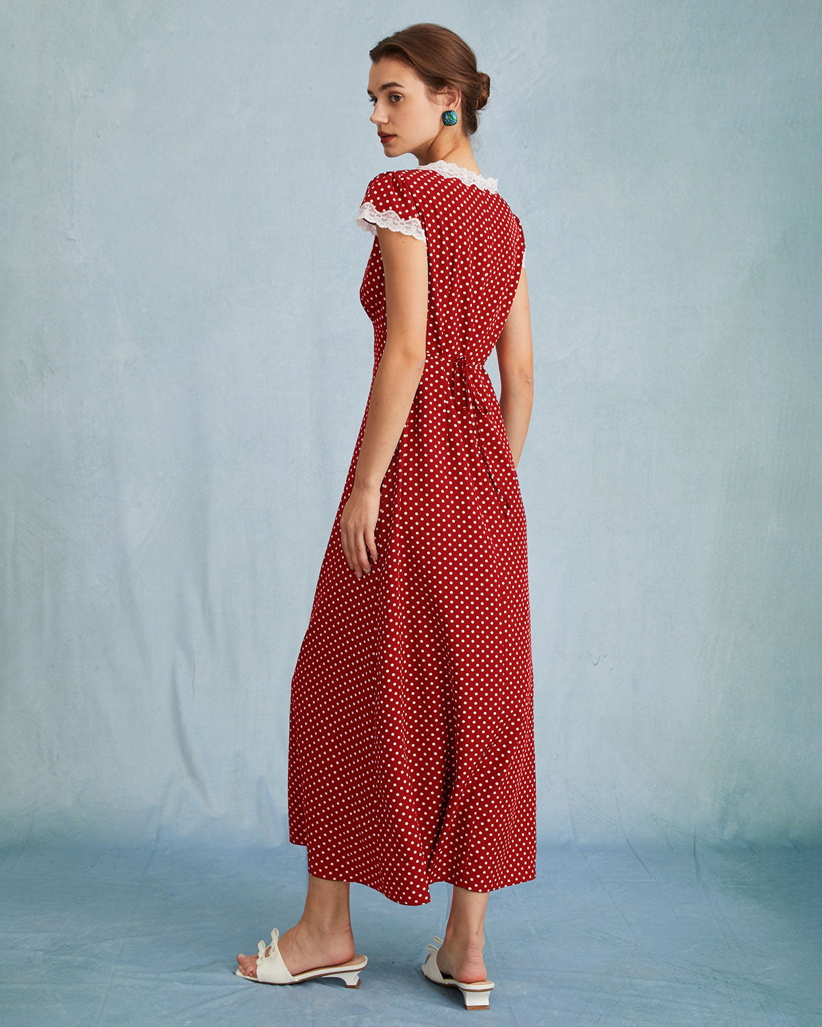 The V Neck Polka Dot Lace Ruched Maxi Dress