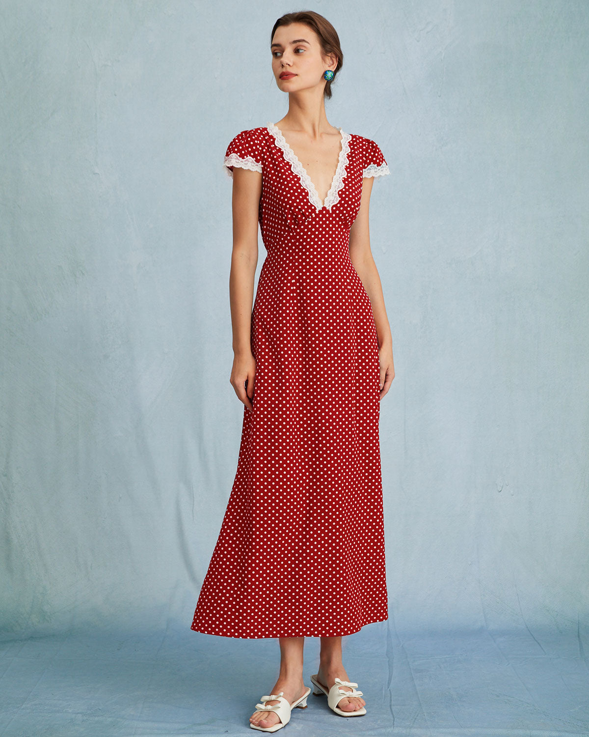 The V Neck Polka Dot Lace Ruched Maxi Dress