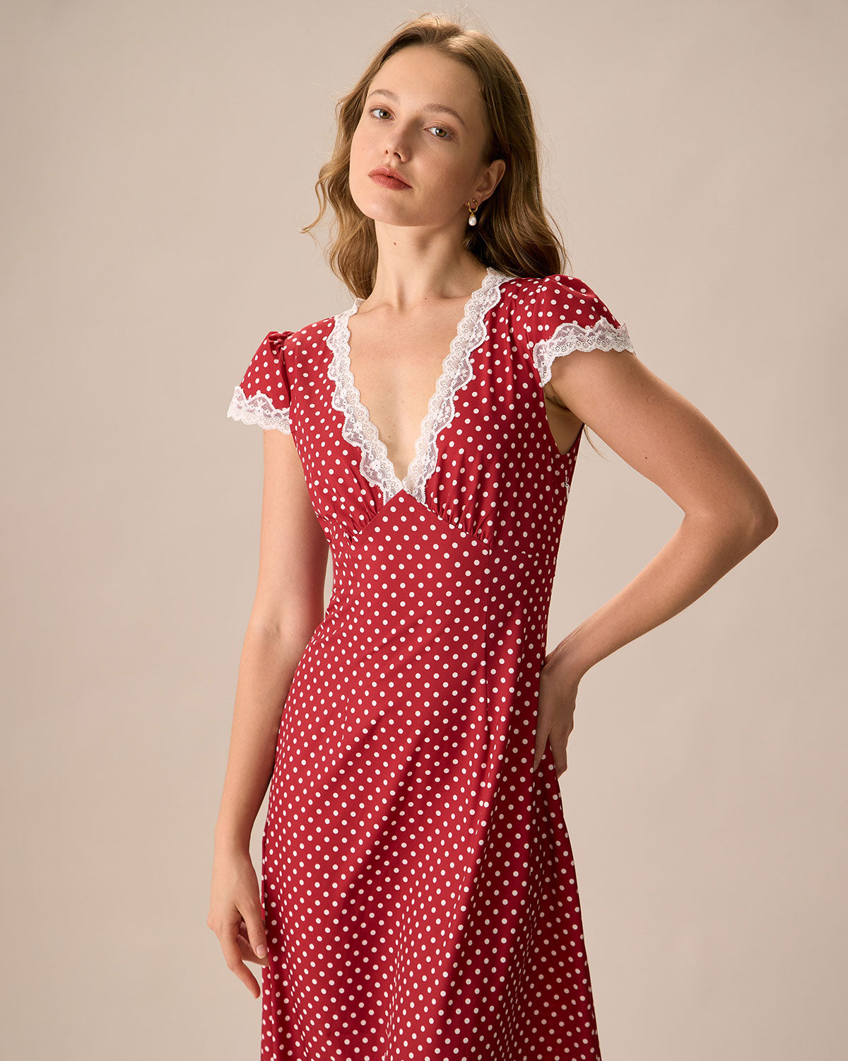 The V Neck Polka Dot Lace Ruched Maxi Dress