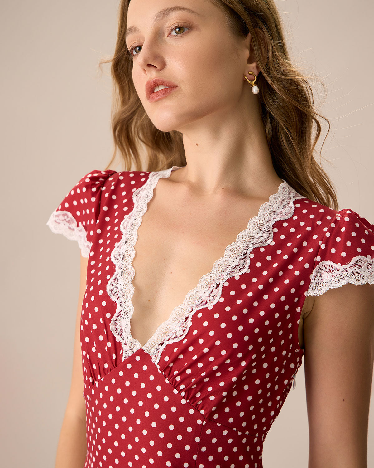 The V Neck Polka Dot Lace Ruched Maxi Dress