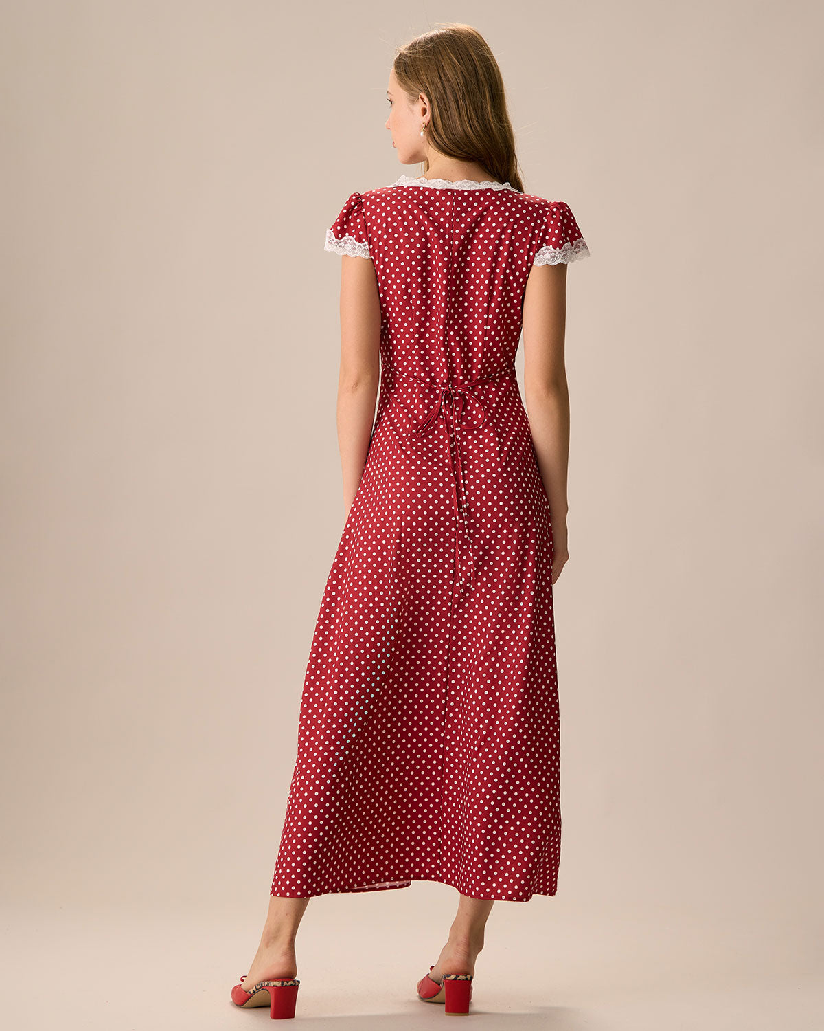 The V Neck Polka Dot Lace Ruched Maxi Dress