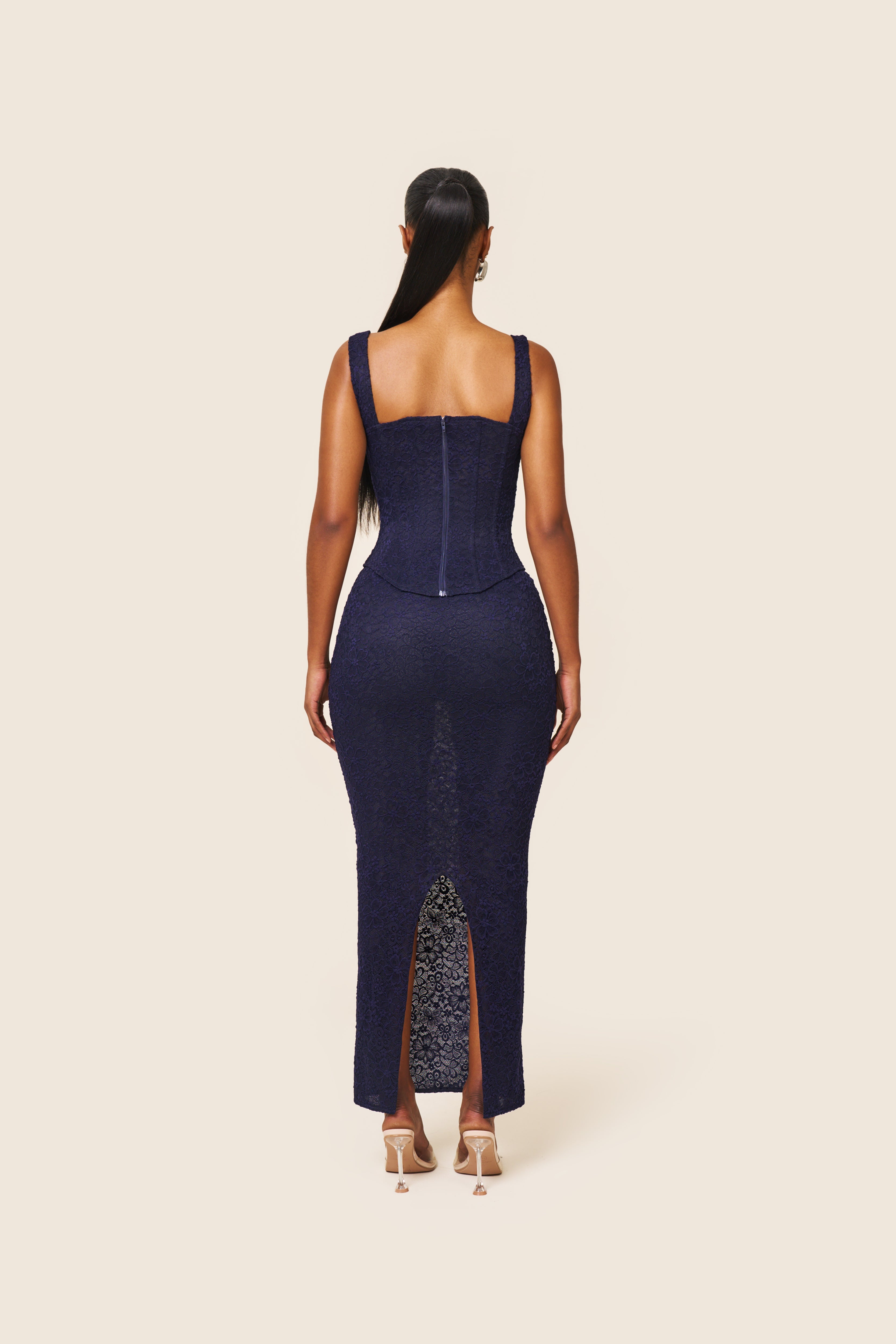 The Cinched Lace Maxi Skirt in Navy
