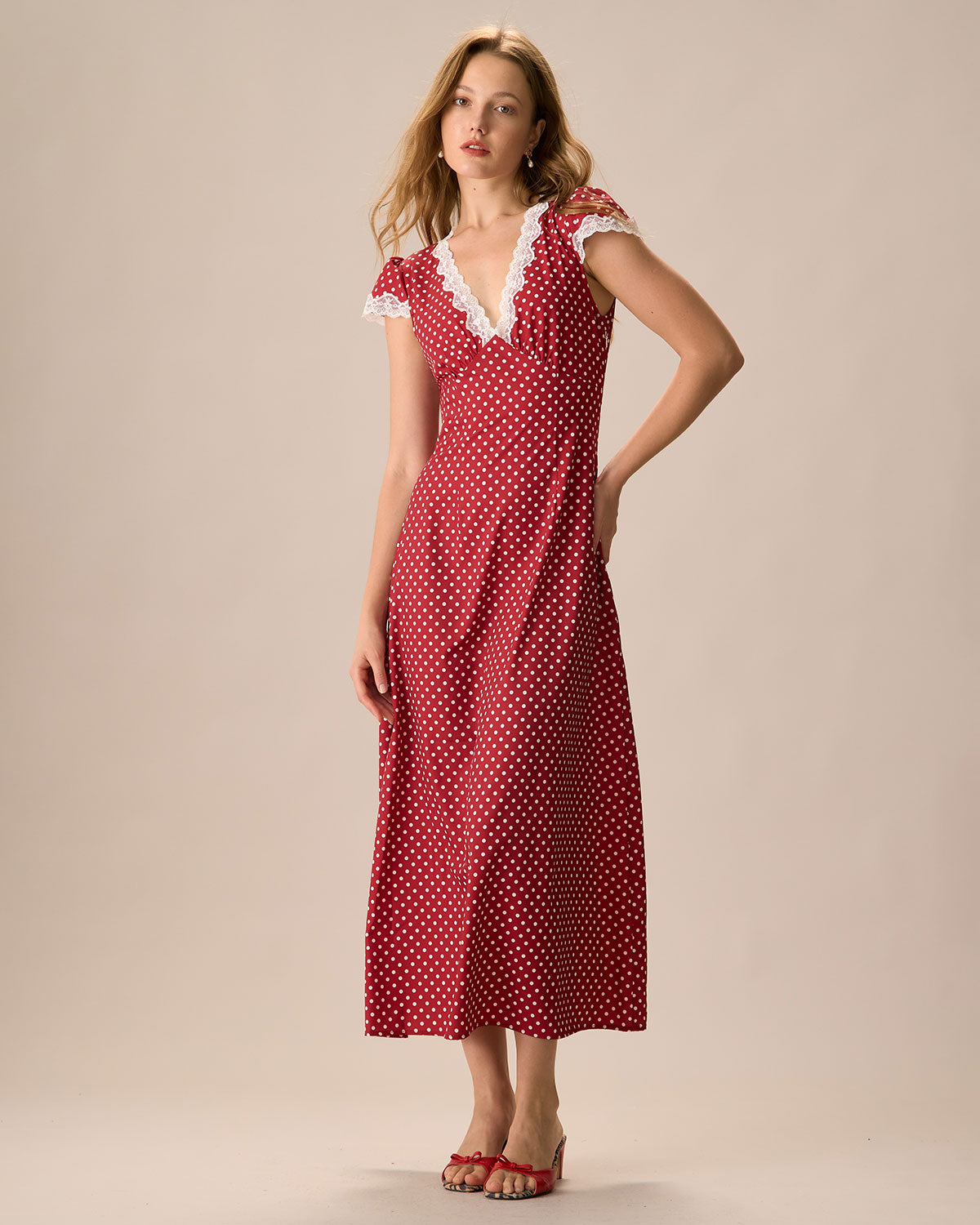 The V Neck Polka Dot Lace Ruched Maxi Dress