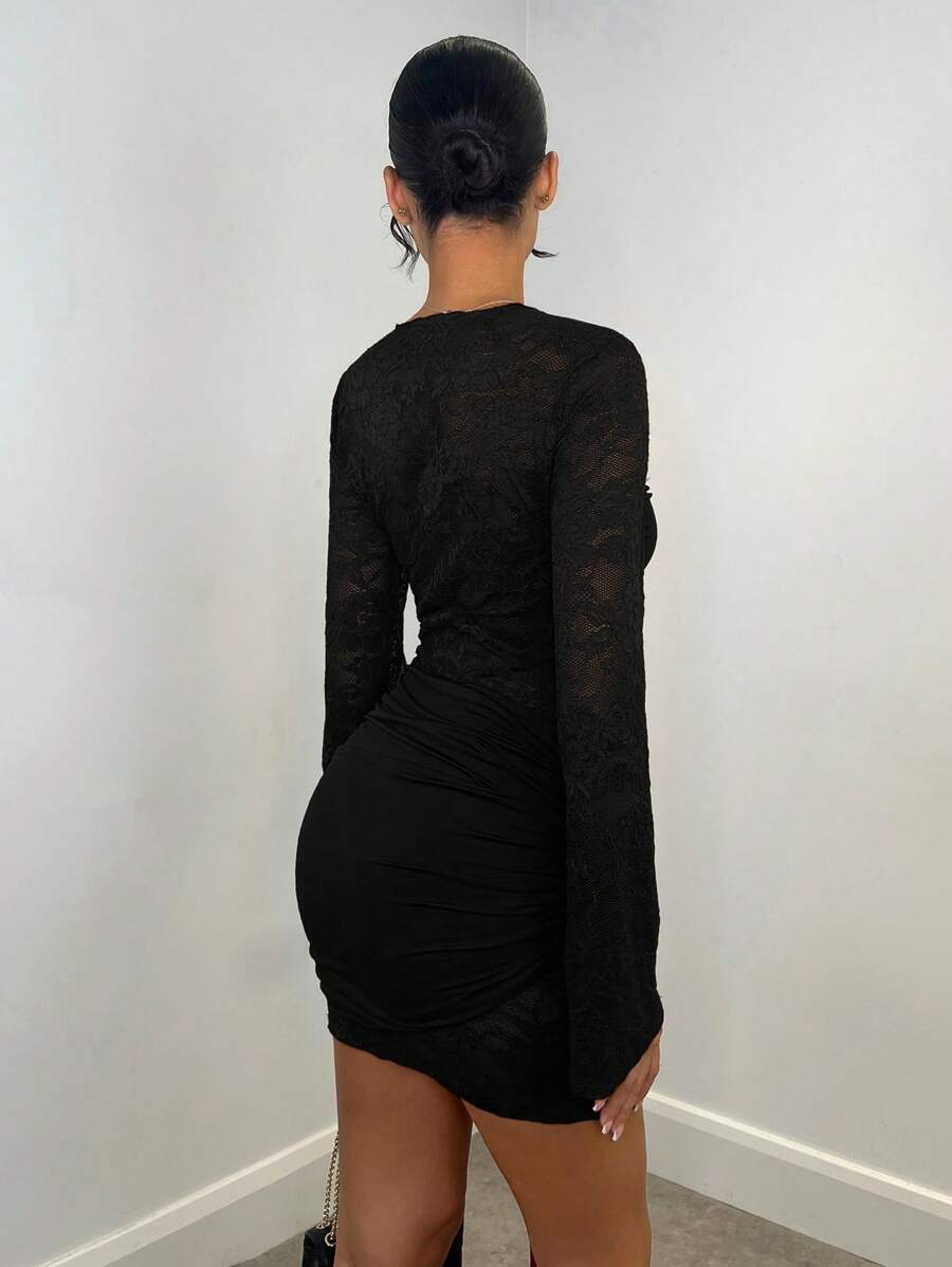 SHEIN BAE Autumn/Winter Sexy Wine Red Lace Sheer Long Sleeve Ribbon Dress, Christmas Holiday Cocktail Dress For Night Out, Club Wear, Wedding Bridesmaid Dress,Bohemia