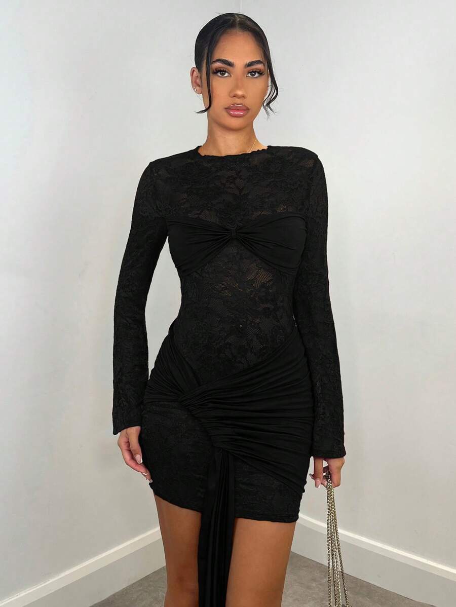 SHEIN BAE Autumn/Winter Sexy Wine Red Lace Sheer Long Sleeve Ribbon Dress, Christmas Holiday Cocktail Dress For Night Out, Club Wear, Wedding Bridesmaid Dress,Bohemia