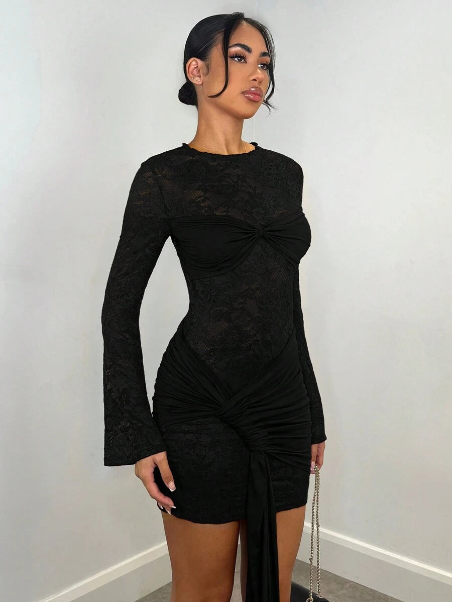 SHEIN BAE Autumn/Winter Sexy Wine Red Lace Sheer Long Sleeve Ribbon Dress, Christmas Holiday Cocktail Dress For Night Out, Club Wear, Wedding Bridesmaid Dress,Bohemia