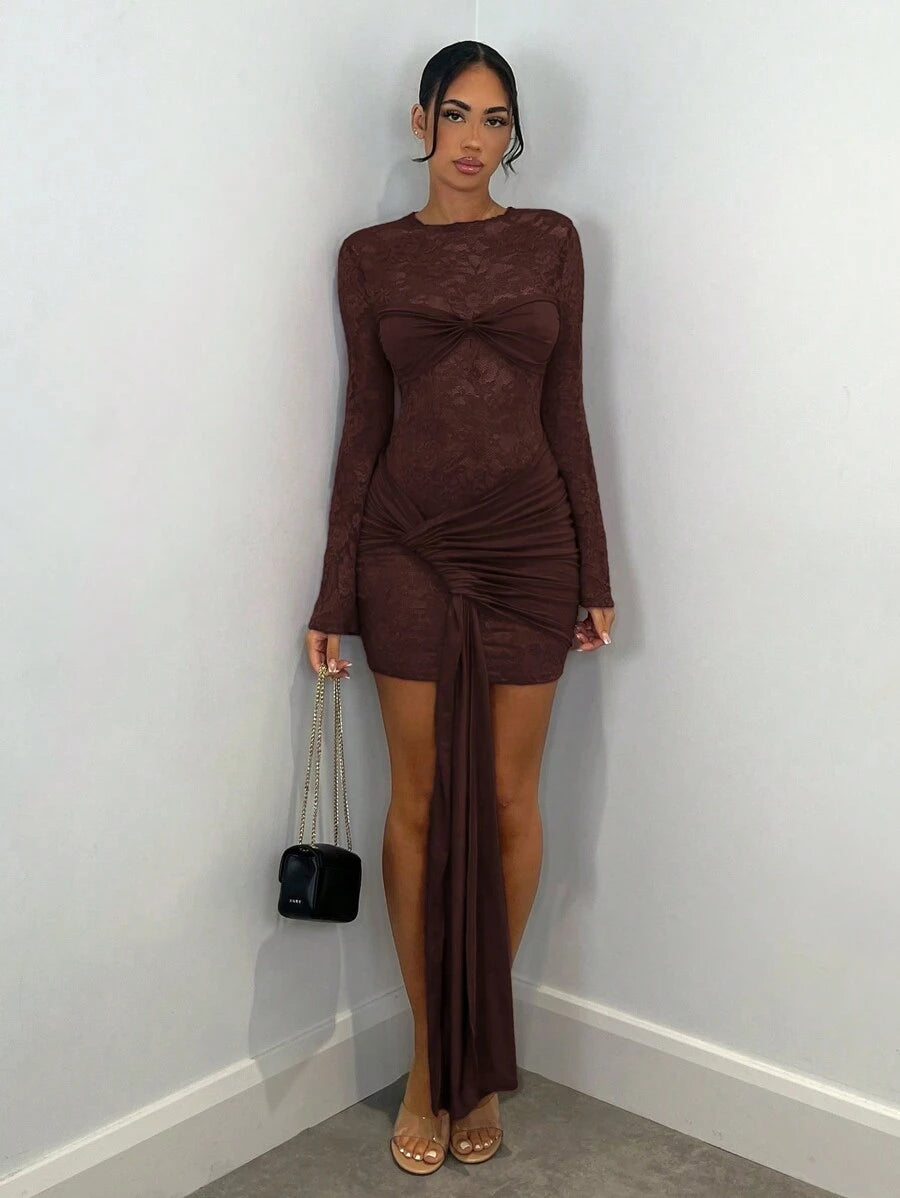 SHEIN BAE Autumn/Winter Sexy Wine Red Lace Sheer Long Sleeve Ribbon Dress, Christmas Holiday Cocktail Dress For Night Out, Club Wear, Wedding Bridesmaid Dress,Bohemia