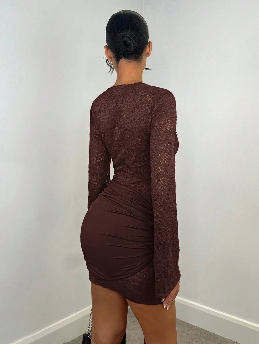 SHEIN BAE Autumn/Winter Sexy Wine Red Lace Sheer Long Sleeve Ribbon Dress, Christmas Holiday Cocktail Dress For Night Out, Club Wear, Wedding Bridesmaid Dress,Bohemia