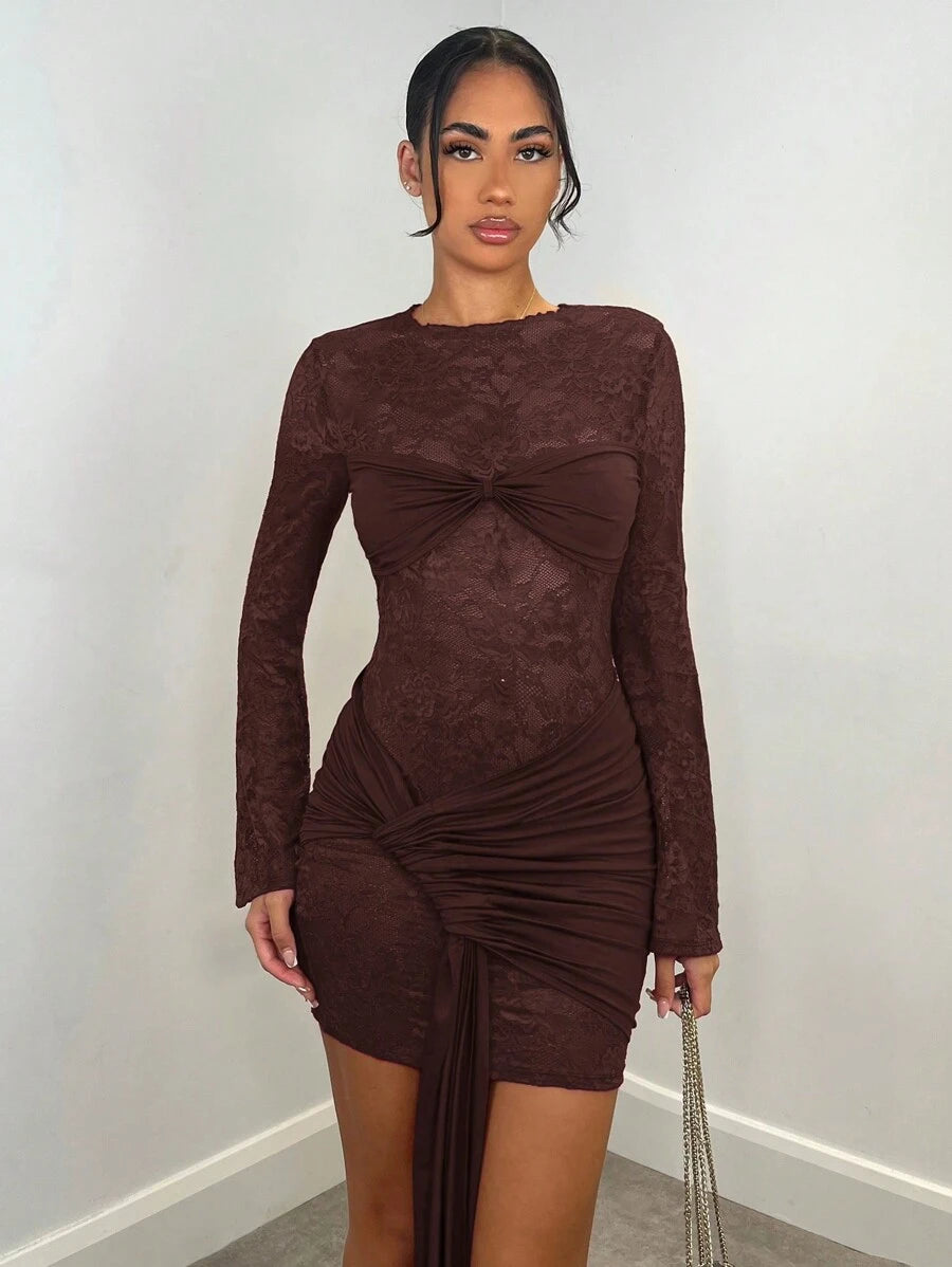 SHEIN BAE Autumn/Winter Sexy Wine Red Lace Sheer Long Sleeve Ribbon Dress, Christmas Holiday Cocktail Dress For Night Out, Club Wear, Wedding Bridesmaid Dress,Bohemia