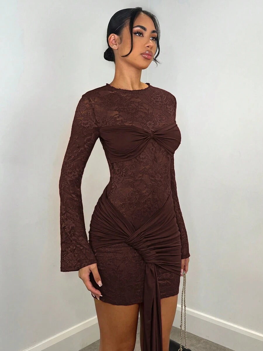 SHEIN BAE Autumn/Winter Sexy Wine Red Lace Sheer Long Sleeve Ribbon Dress, Christmas Holiday Cocktail Dress For Night Out, Club Wear, Wedding Bridesmaid Dress,Bohemia