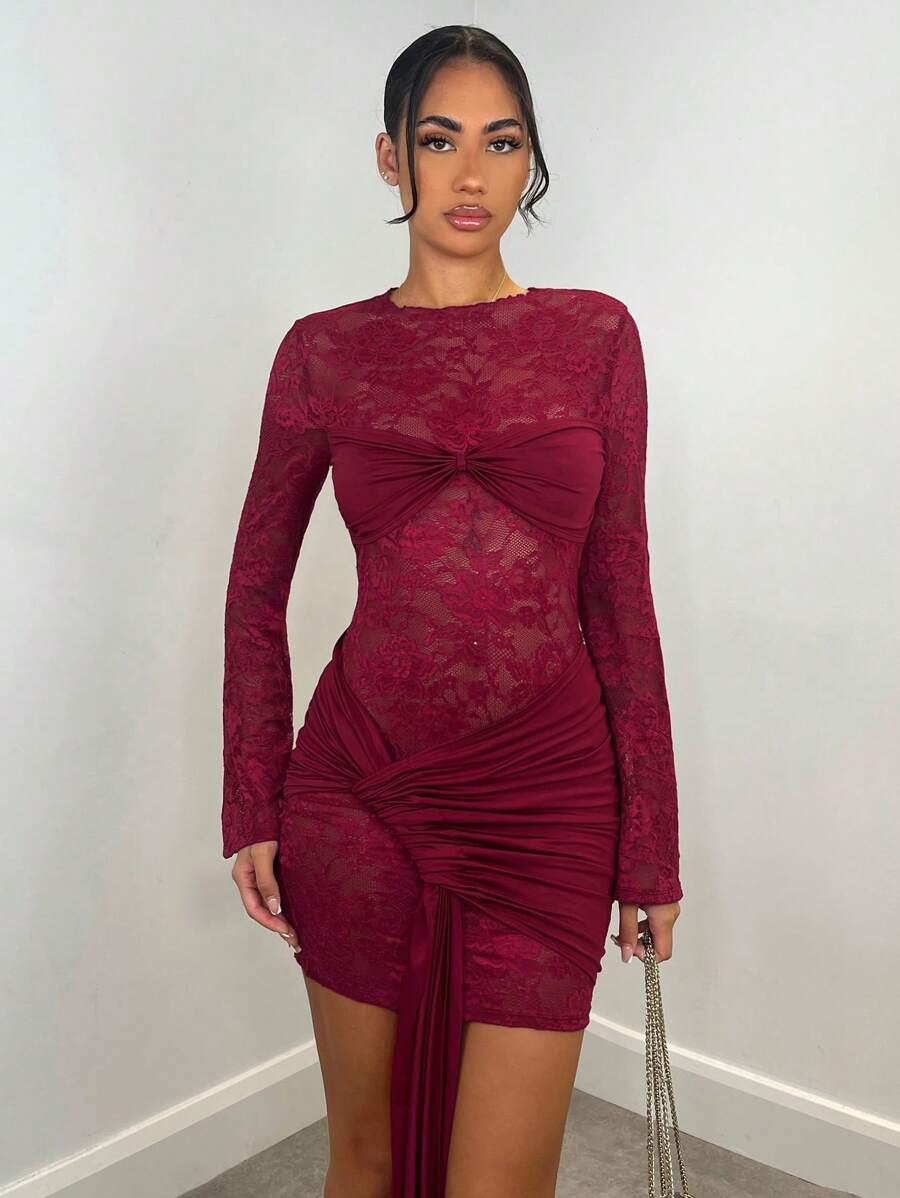 SHEIN BAE Autumn/Winter Sexy Wine Red Lace Sheer Long Sleeve Ribbon Dress, Christmas Holiday Cocktail Dress For Night Out, Club Wear, Wedding Bridesmaid Dress,Bohemia