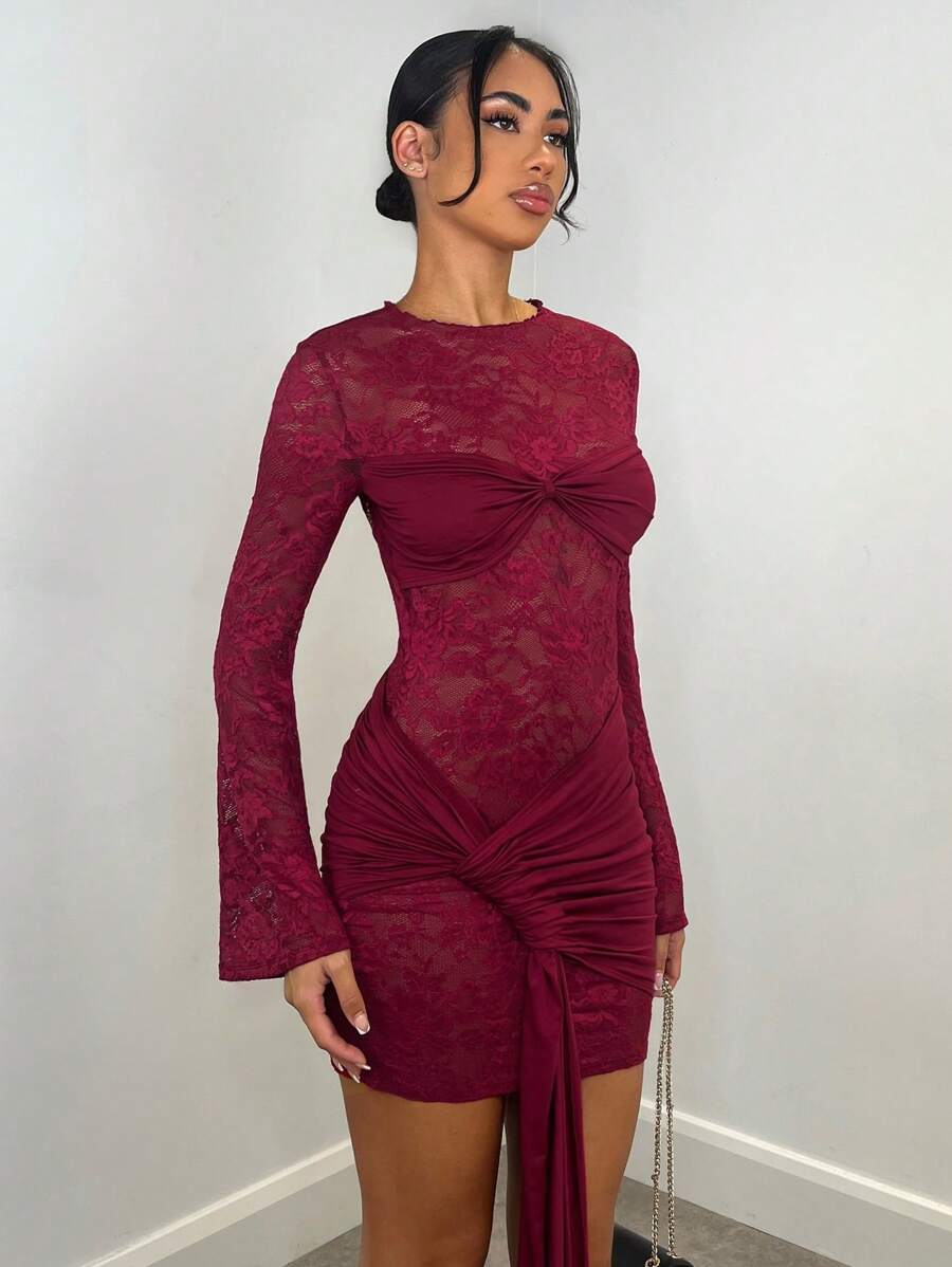 SHEIN BAE Autumn/Winter Sexy Wine Red Lace Sheer Long Sleeve Ribbon Dress, Christmas Holiday Cocktail Dress For Night Out, Club Wear, Wedding Bridesmaid Dress,Bohemia