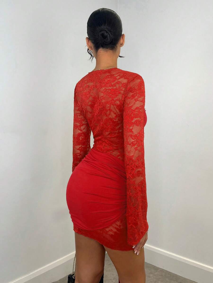 SHEIN BAE Autumn/Winter Sexy Wine Red Lace Sheer Long Sleeve Ribbon Dress, Christmas Holiday Cocktail Dress For Night Out, Club Wear, Wedding Bridesmaid Dress,Bohemia
