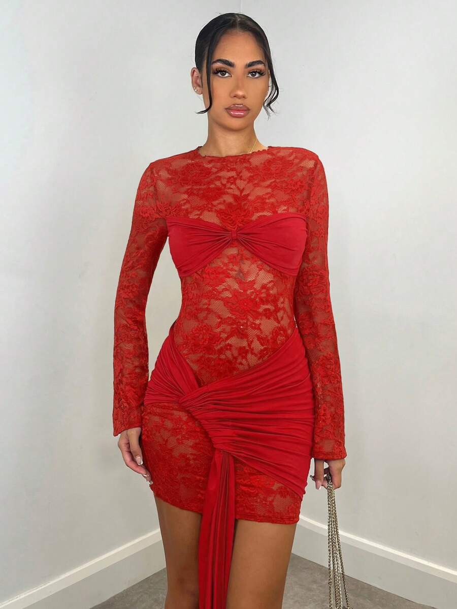 SHEIN BAE Autumn/Winter Sexy Wine Red Lace Sheer Long Sleeve Ribbon Dress, Christmas Holiday Cocktail Dress For Night Out, Club Wear, Wedding Bridesmaid Dress,Bohemia
