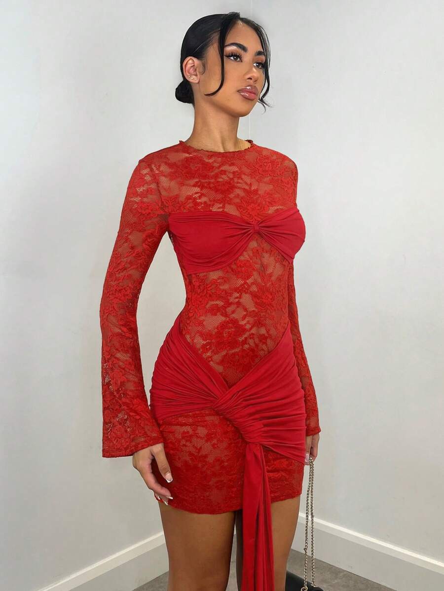 SHEIN BAE Autumn/Winter Sexy Wine Red Lace Sheer Long Sleeve Ribbon Dress, Christmas Holiday Cocktail Dress For Night Out, Club Wear, Wedding Bridesmaid Dress,Bohemia