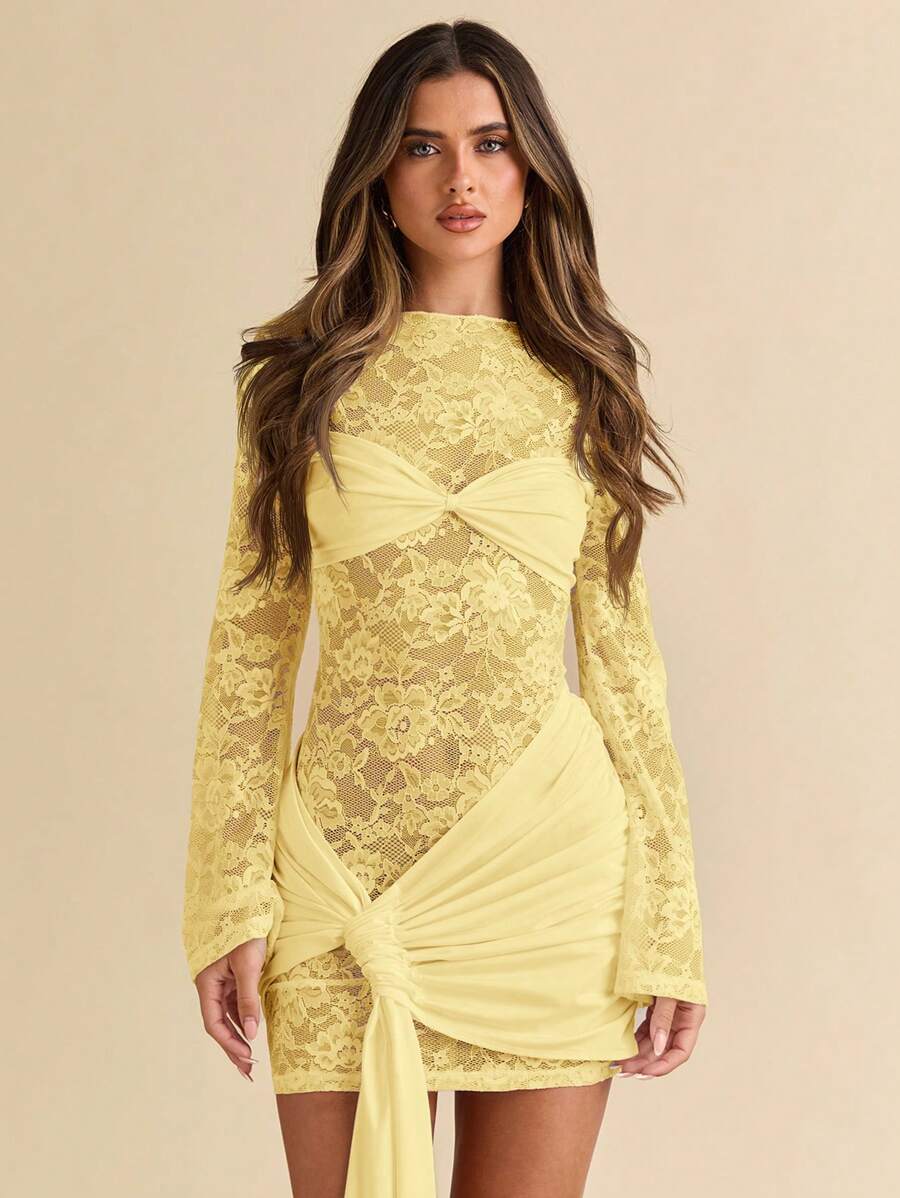 SHEIN BAE Autumn/Winter Sexy Wine Red Lace Sheer Long Sleeve Ribbon Dress, Christmas Holiday Cocktail Dress For Night Out, Club Wear, Wedding Bridesmaid Dress,Bohemia