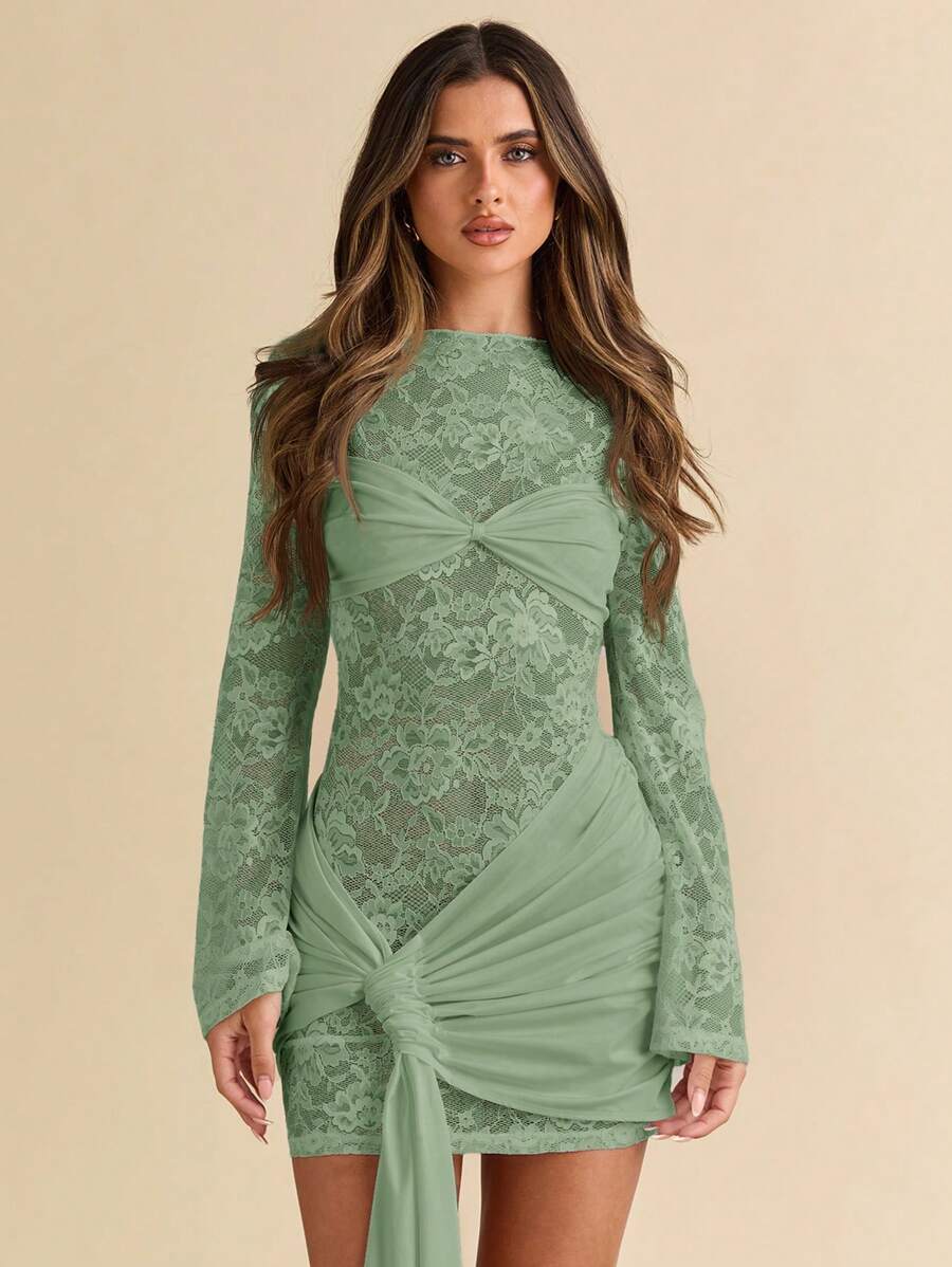 SHEIN BAE Autumn/Winter Sexy Wine Red Lace Sheer Long Sleeve Ribbon Dress, Christmas Holiday Cocktail Dress For Night Out, Club Wear, Wedding Bridesmaid Dress,Bohemia