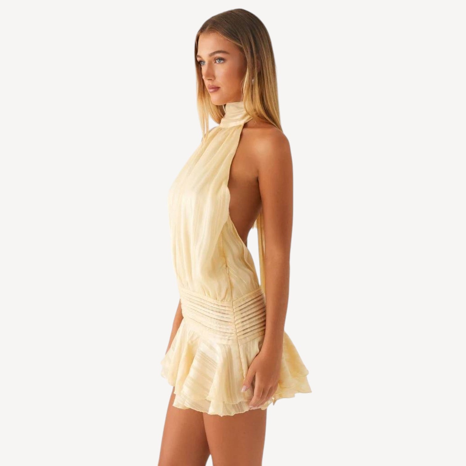 Davies | Halter Neck Pleated Mini Dress – Champagne Gold