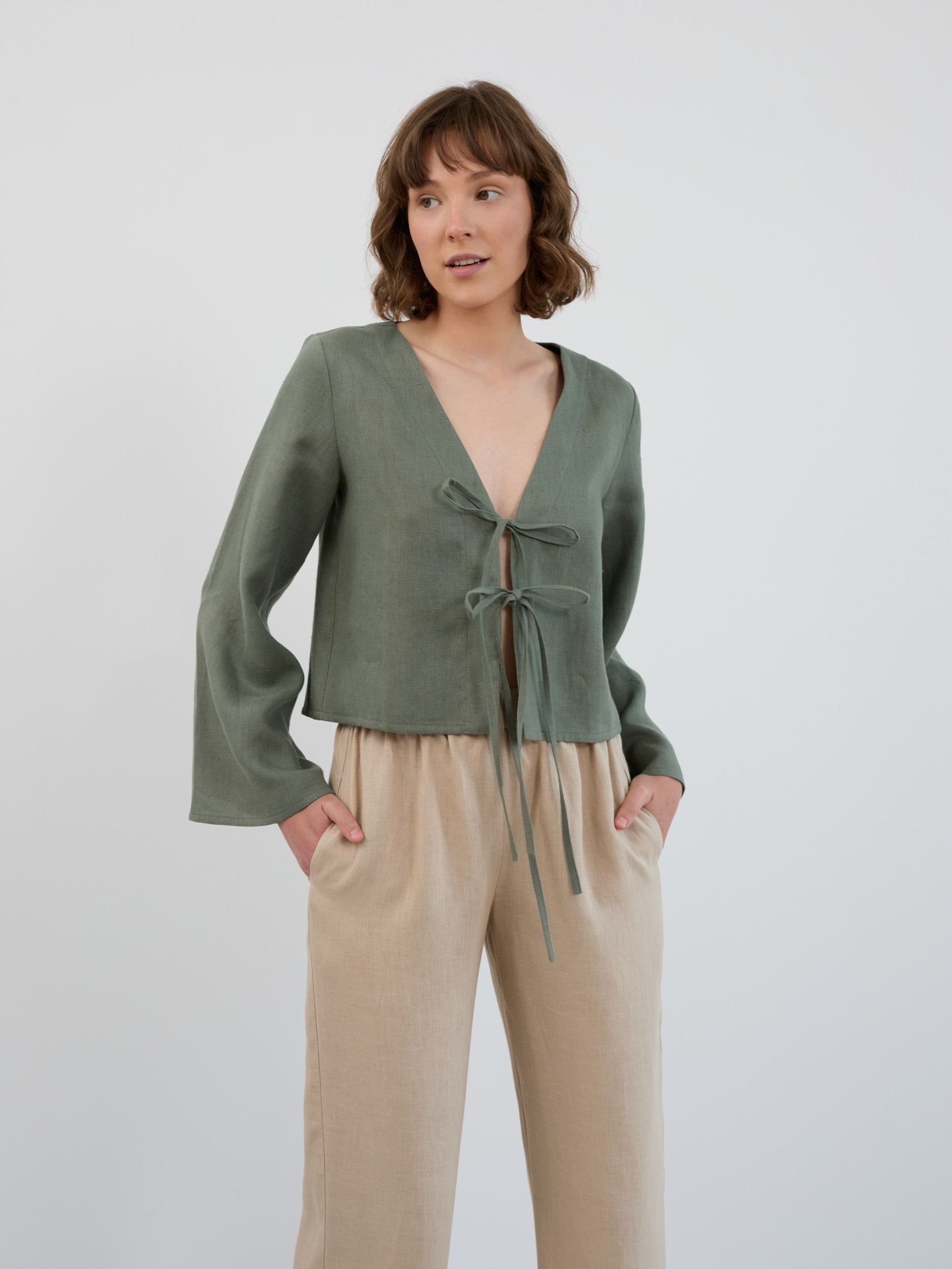 CASSIDY Cropped Tie-Front Linen Top with Bell Sleeves