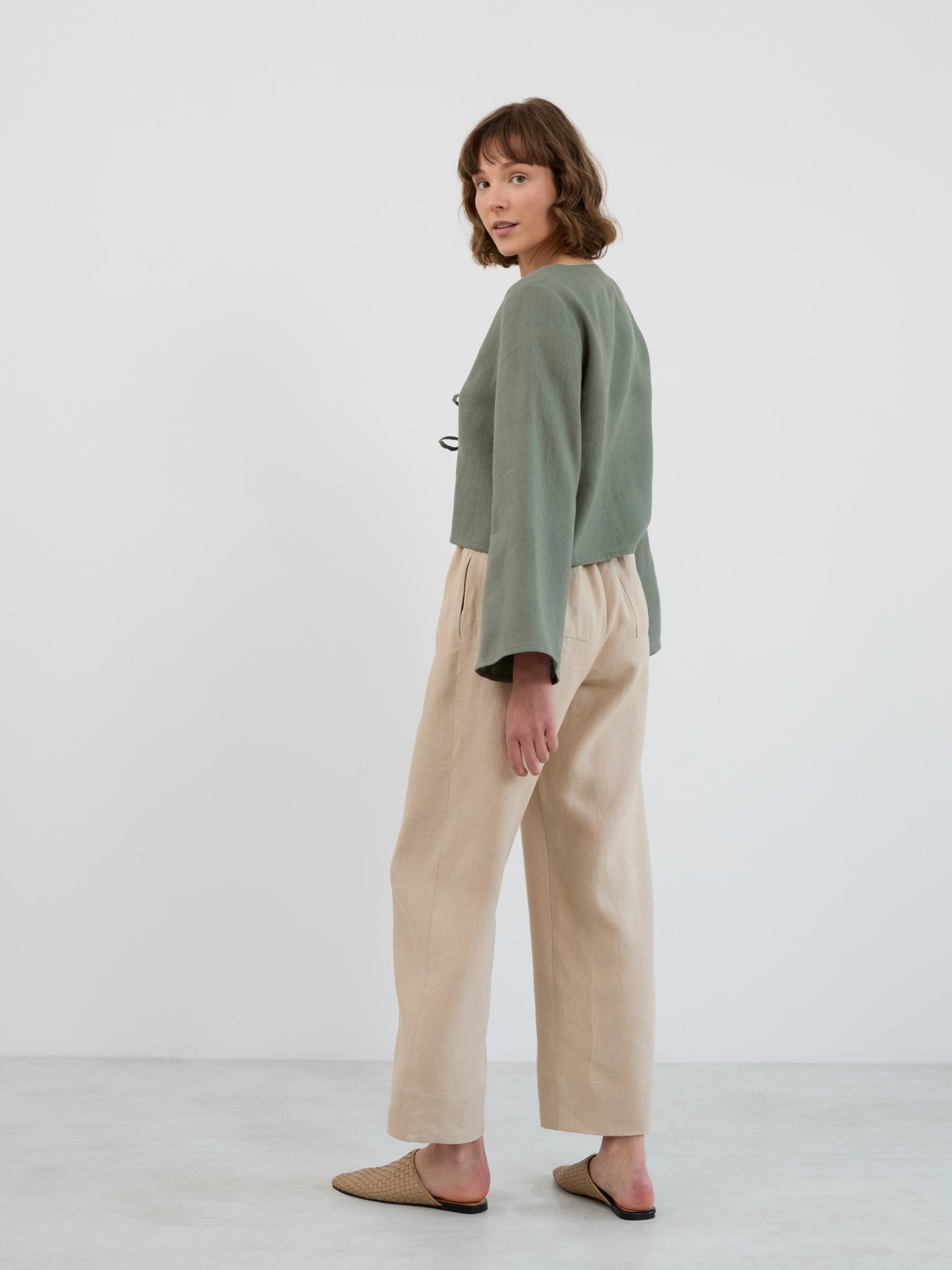 CASSIDY Cropped Tie-Front Linen Top with Bell Sleeves