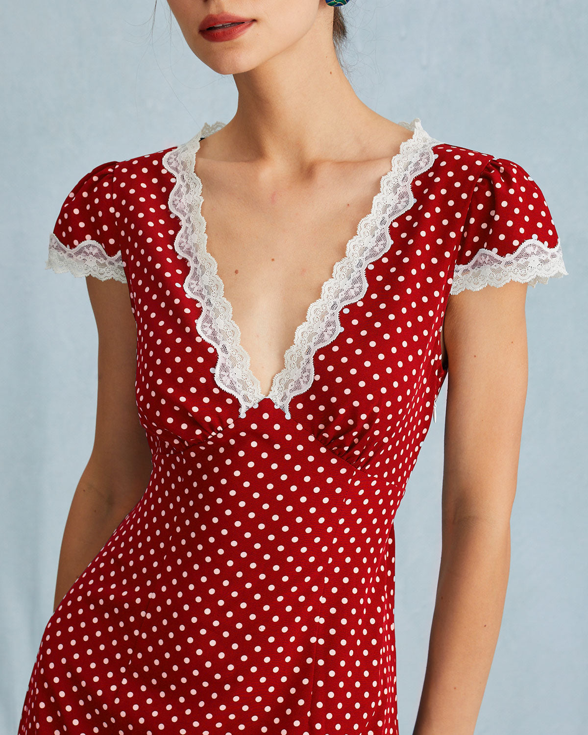 The V Neck Polka Dot Lace Ruched Maxi Dress