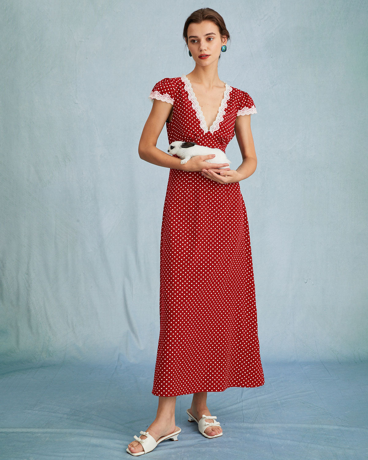 The V Neck Polka Dot Lace Ruched Maxi Dress