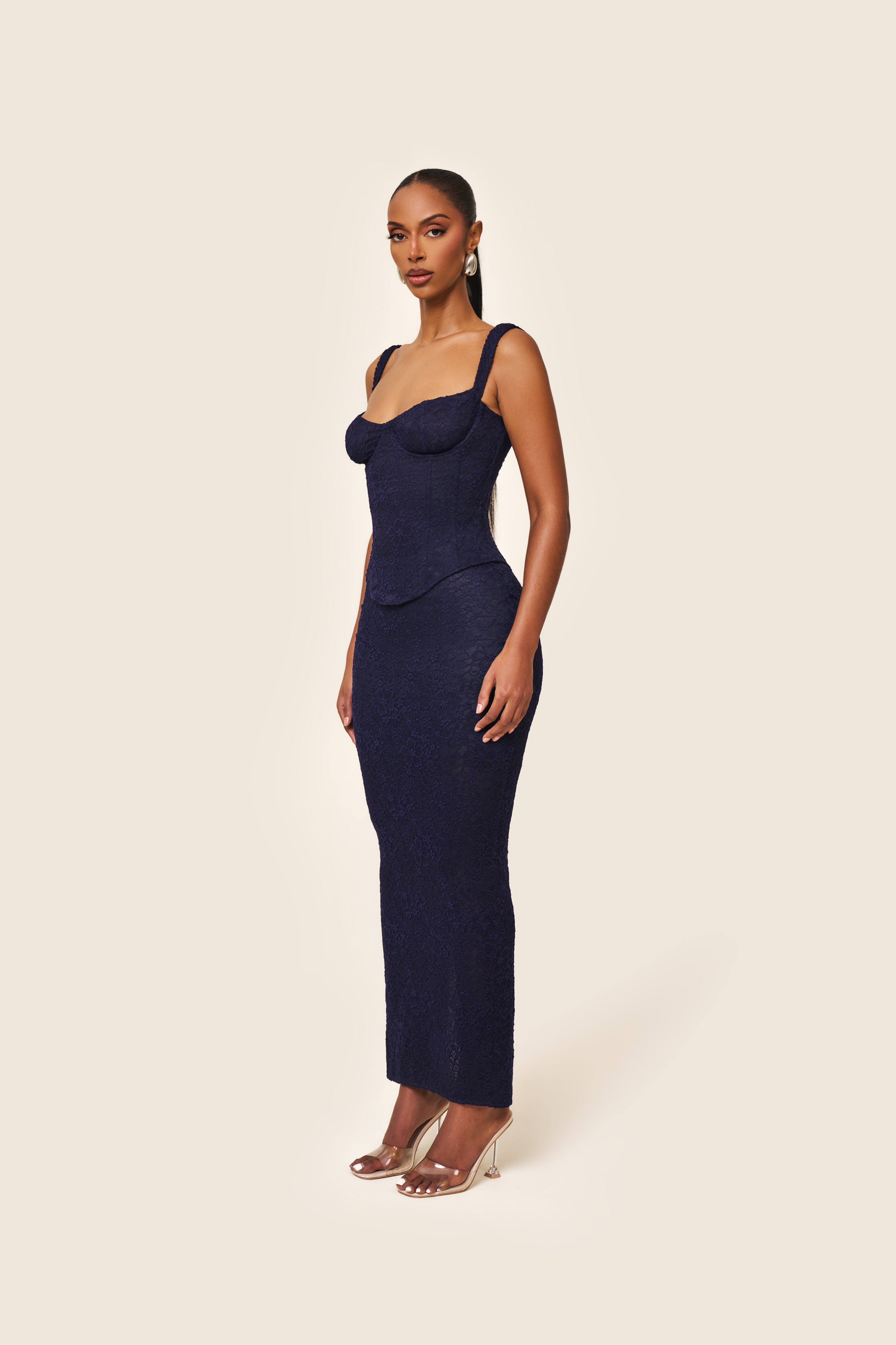 The Cinched Lace Maxi Skirt in Navy