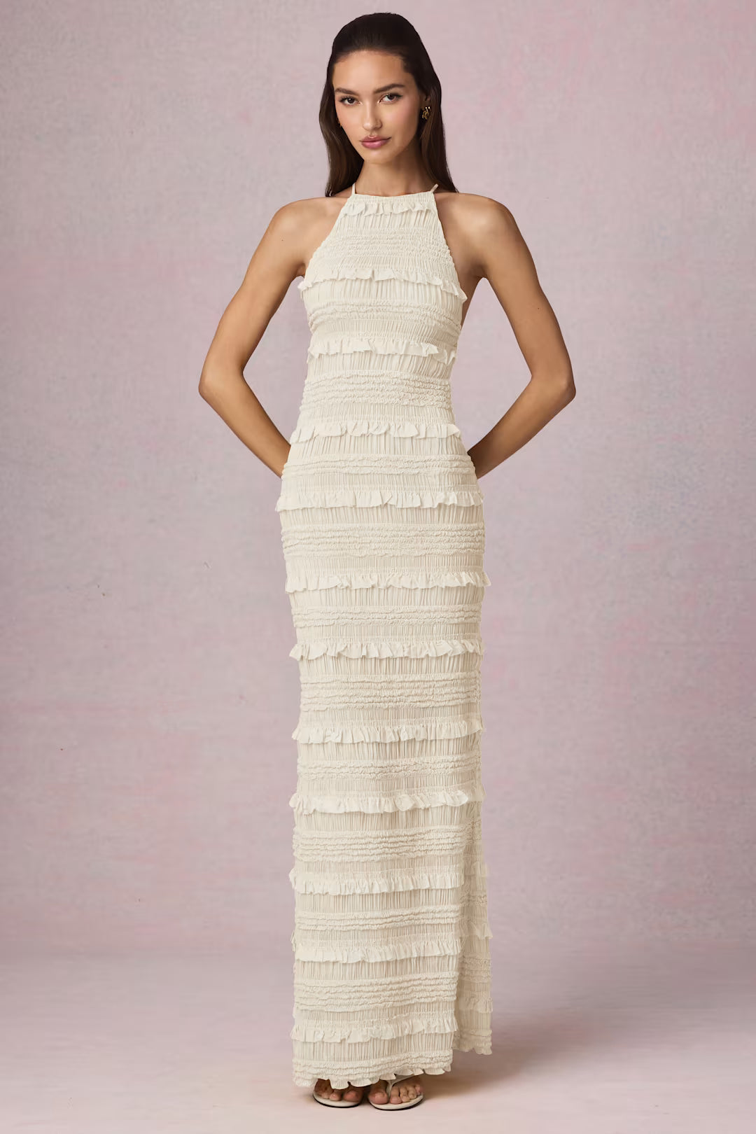 Ruffled Backless Halterneck Maxi Dress