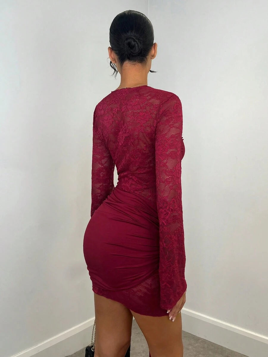 SHEIN BAE Autumn/Winter Sexy Wine Red Lace Sheer Long Sleeve Ribbon Dress, Christmas Holiday Cocktail Dress For Night Out, Club Wear, Wedding Bridesmaid Dress,Bohemia