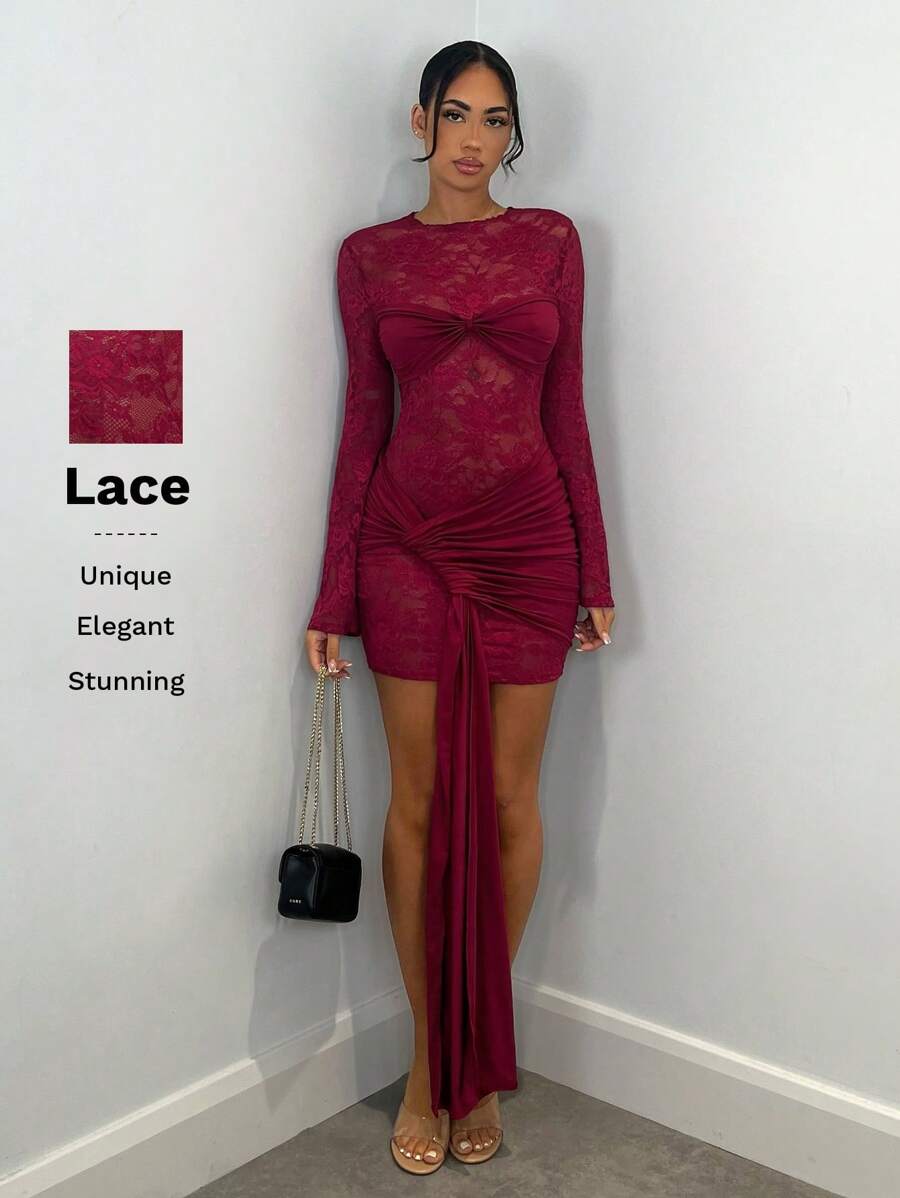 SHEIN BAE Autumn/Winter Sexy Wine Red Lace Sheer Long Sleeve Ribbon Dress, Christmas Holiday Cocktail Dress For Night Out, Club Wear, Wedding Bridesmaid Dress,Bohemia