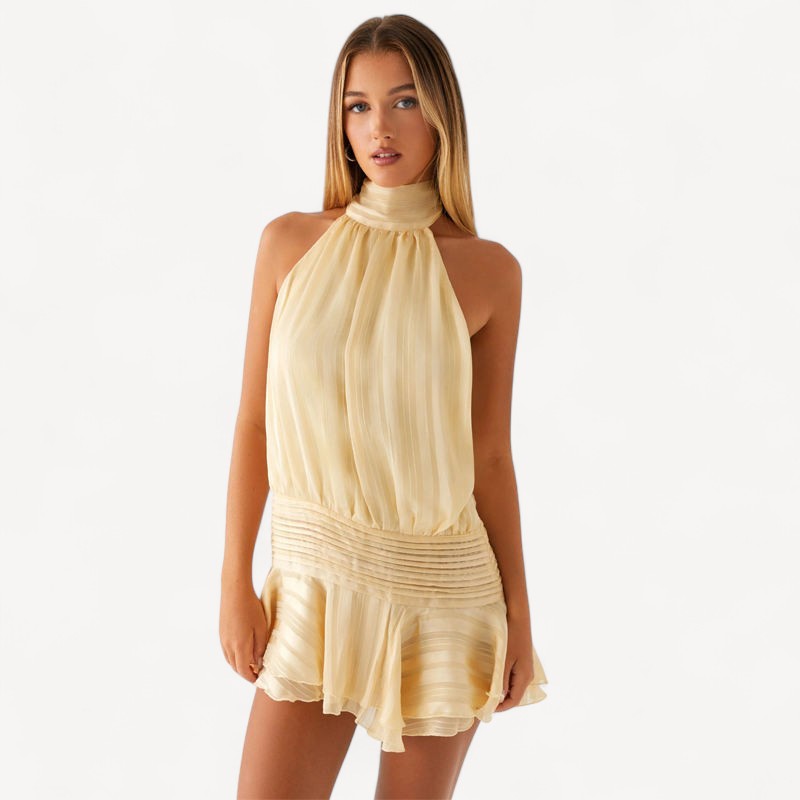 Davies | Halter Neck Pleated Mini Dress – Champagne Gold