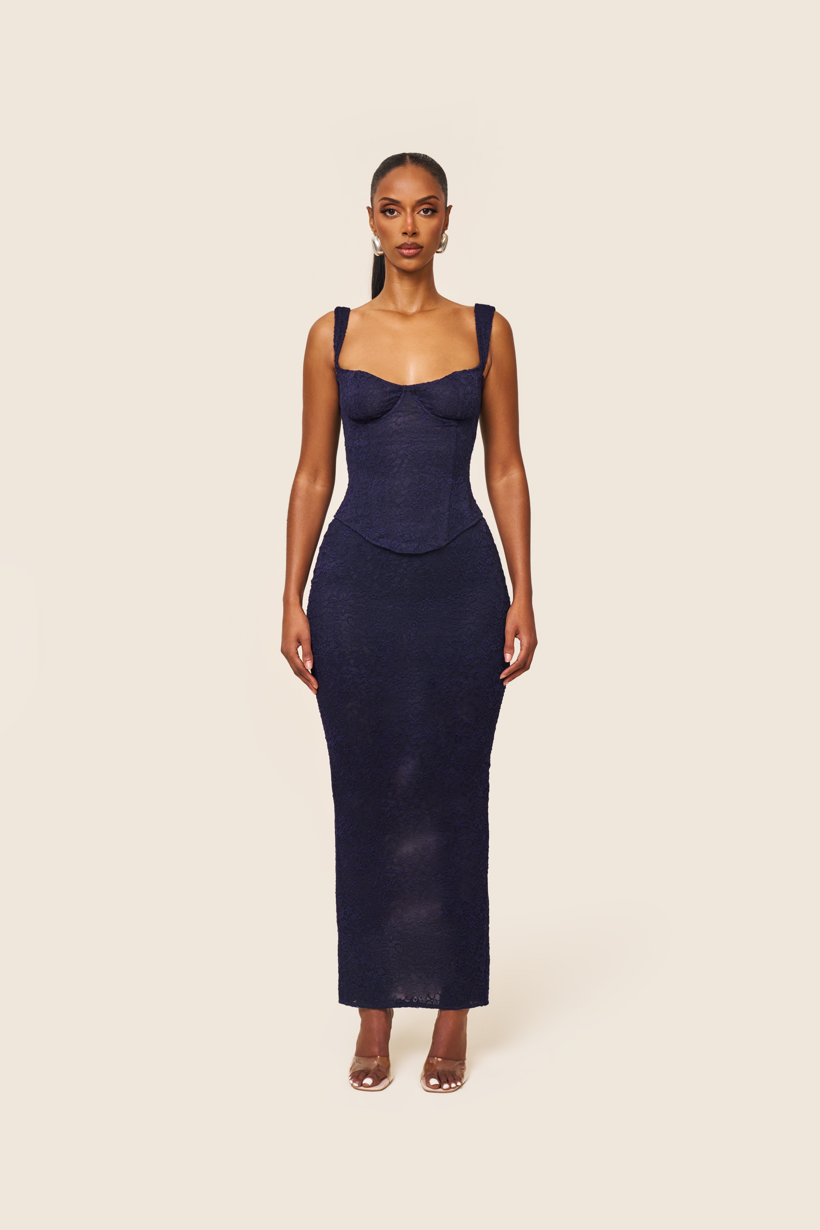 The Cinched Lace Maxi Skirt in Navy