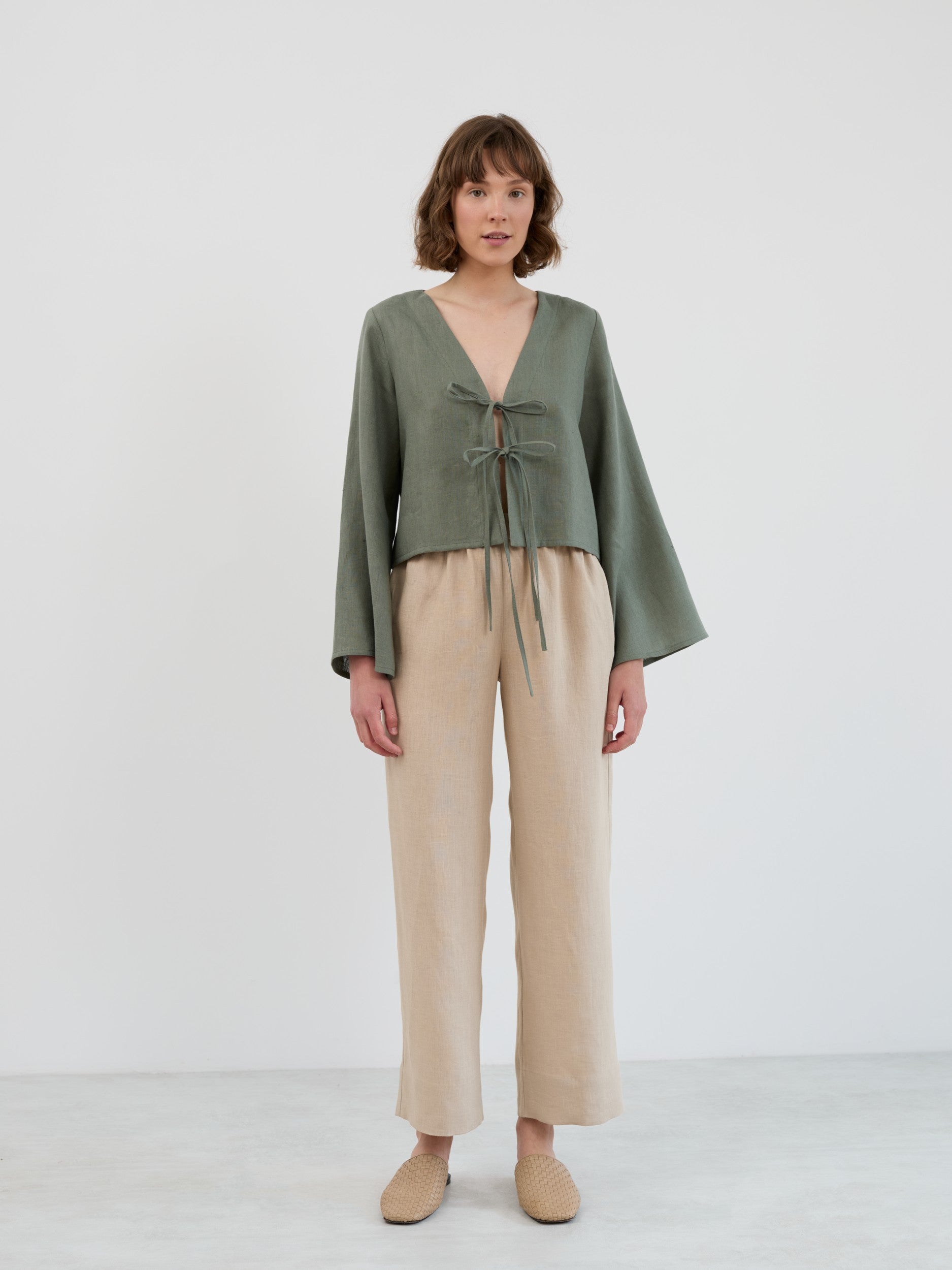 CASSIDY Cropped Tie-Front Linen Top with Bell Sleeves