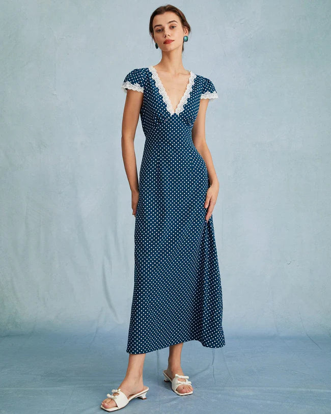 The V Neck Polka Dot Lace Ruched Maxi Dress