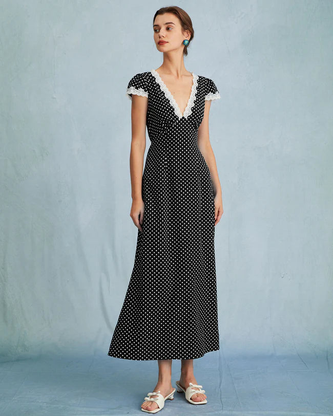 The V Neck Polka Dot Lace Ruched Maxi Dress